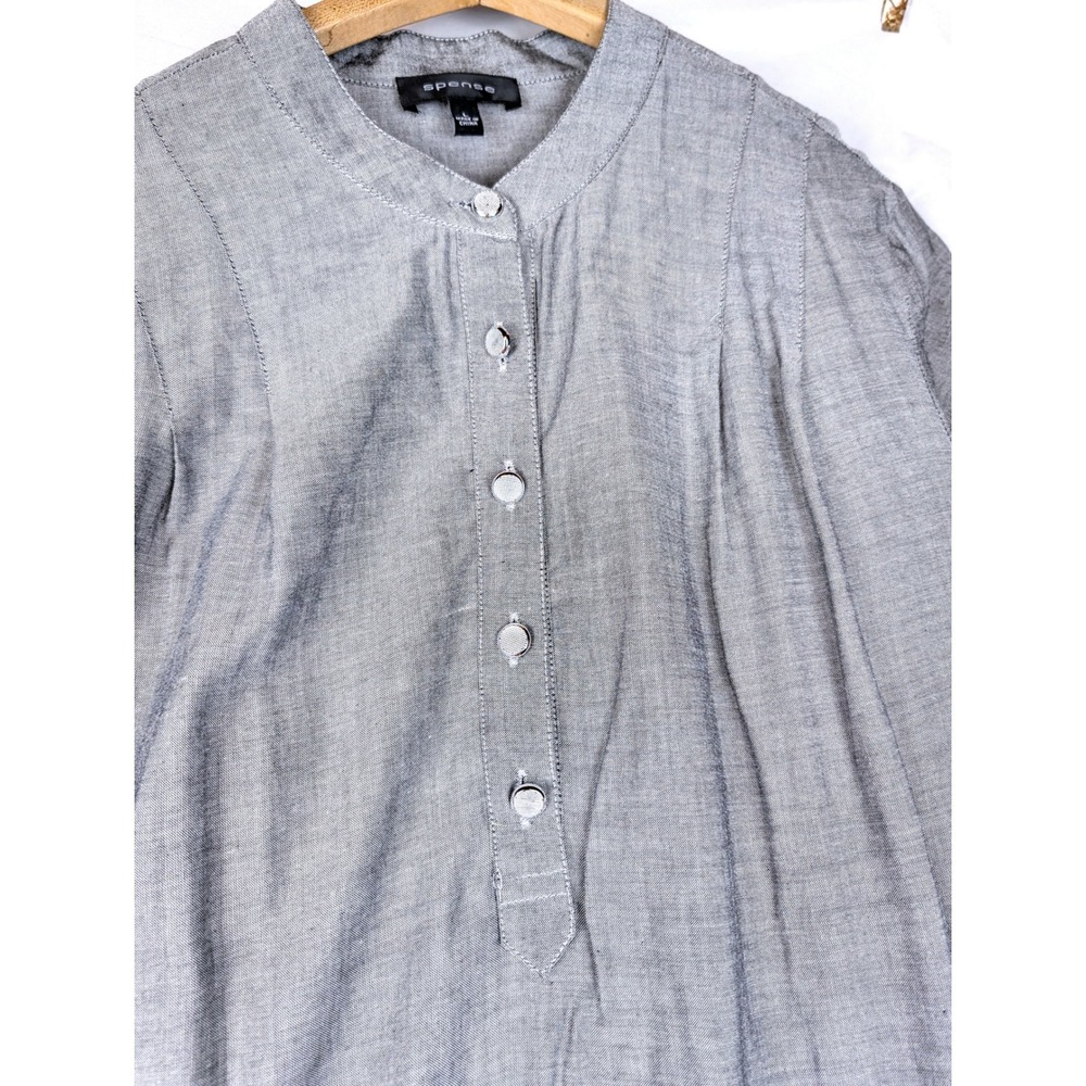 Spense Gray Viscose Mandarin Collar Button Front Blouse Large Long Sleeve Pleat